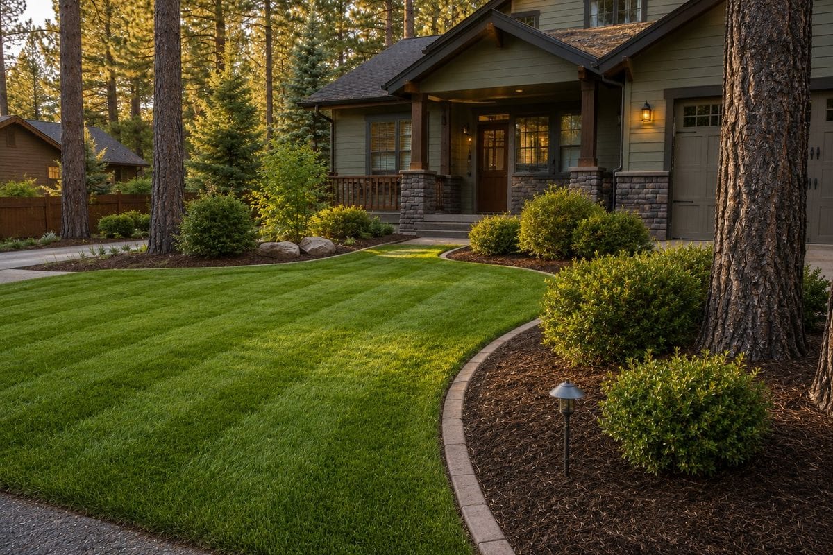 The same Flagstaff front yard after — lush green lawn with crisp edging