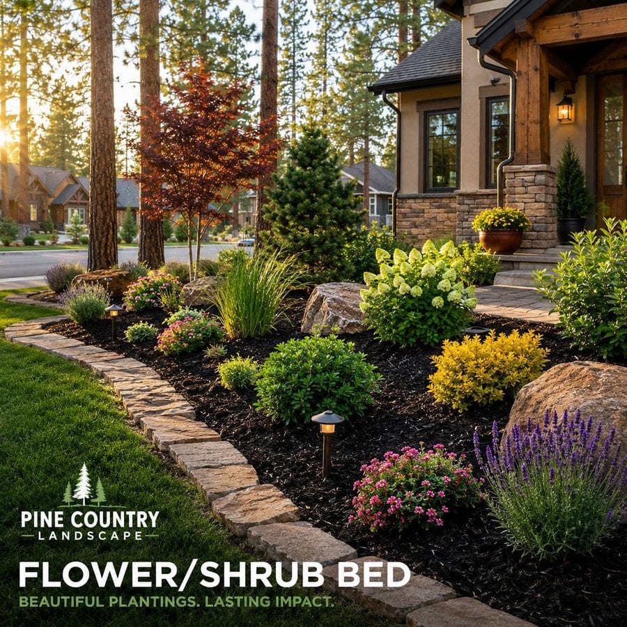 Freshly planted and mulched flower and shrub bed