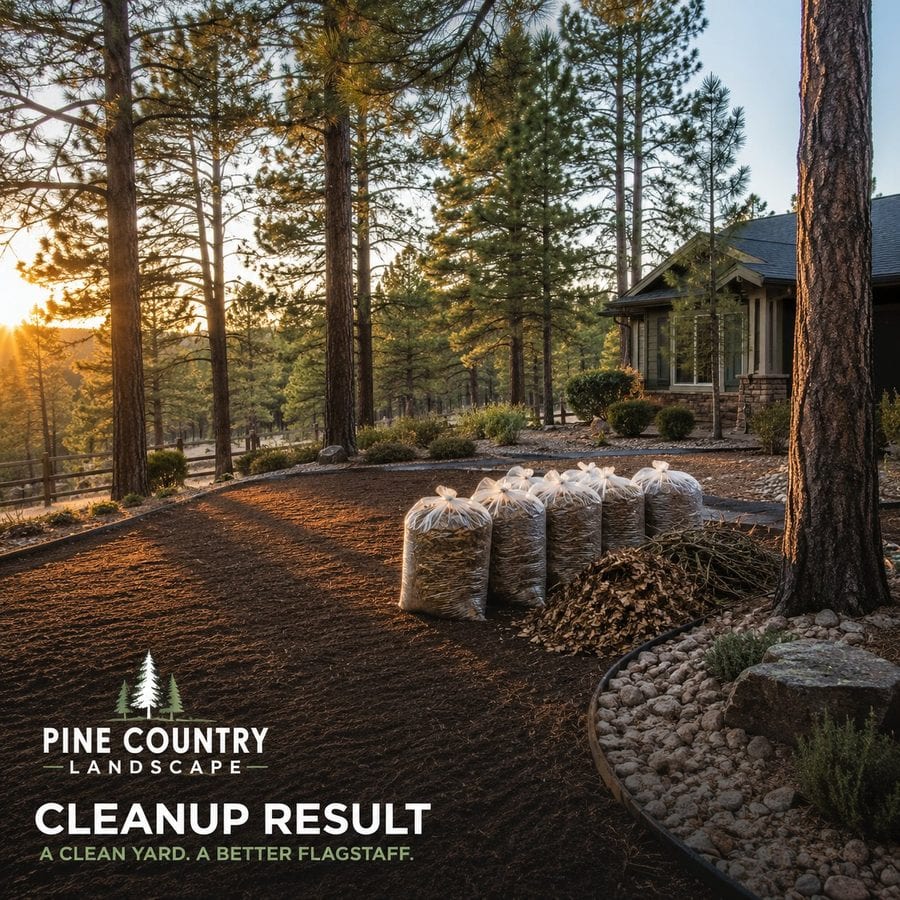 Yard cleanup result — bagged debris and a cleared, raked yard