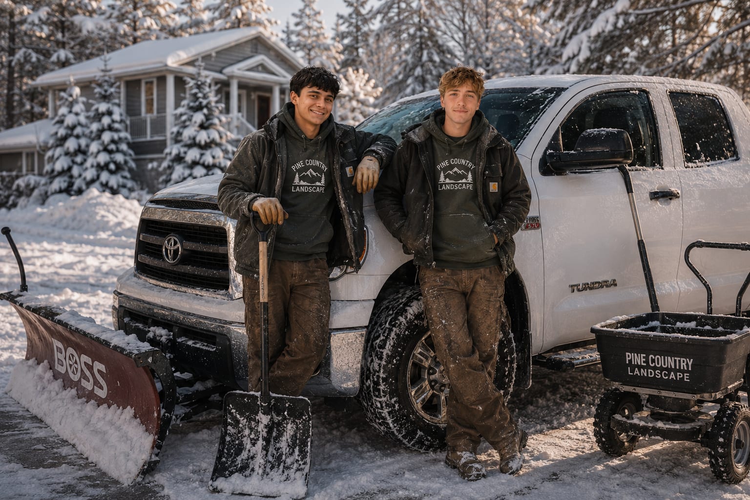 Pine Country Landscape crew with their plow-equipped truck and spreader after clearing a snowy Flagstaff driveway
