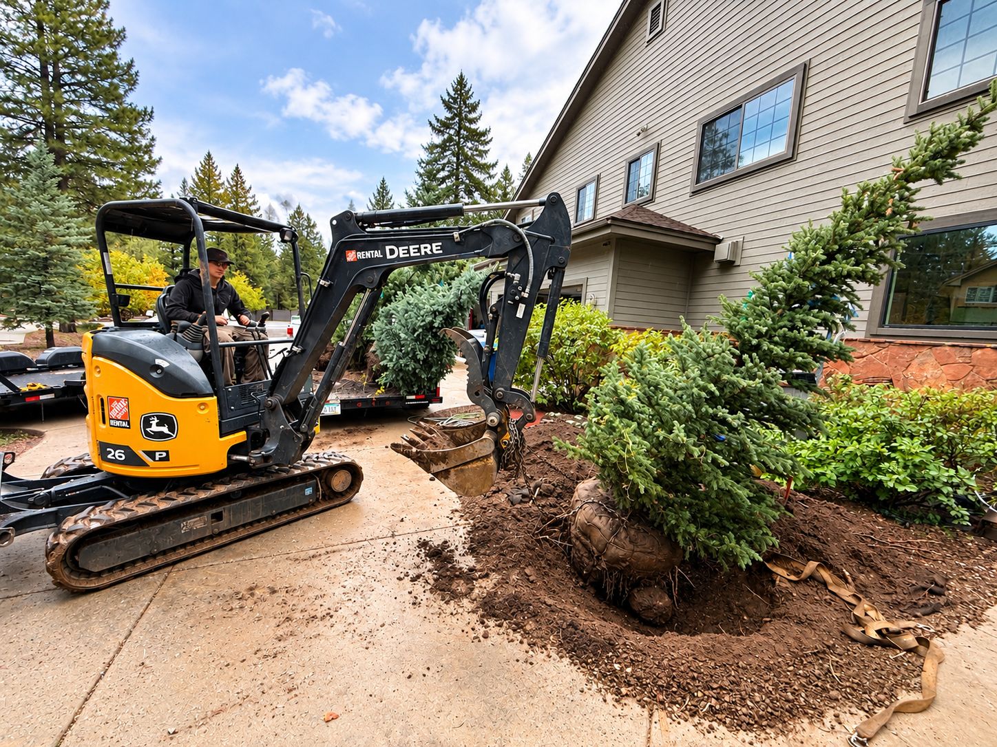 Mini excavator setting a large balled blue spruce beside a two story home