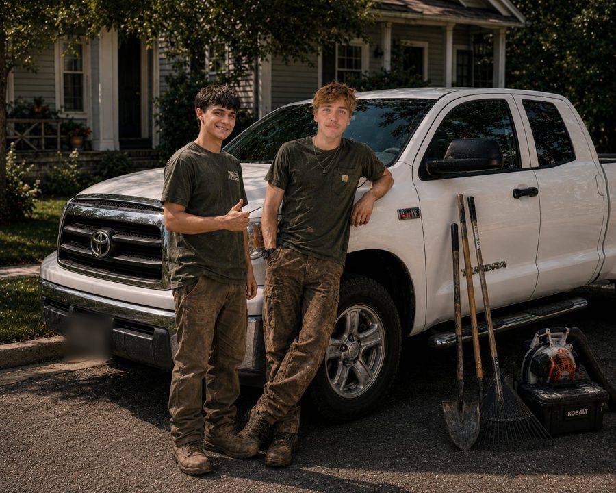Rowan and Tripp of Pine Country Landscape leaning against their white Toyota Tundra work truck with shovels, a rake and a leaf blower