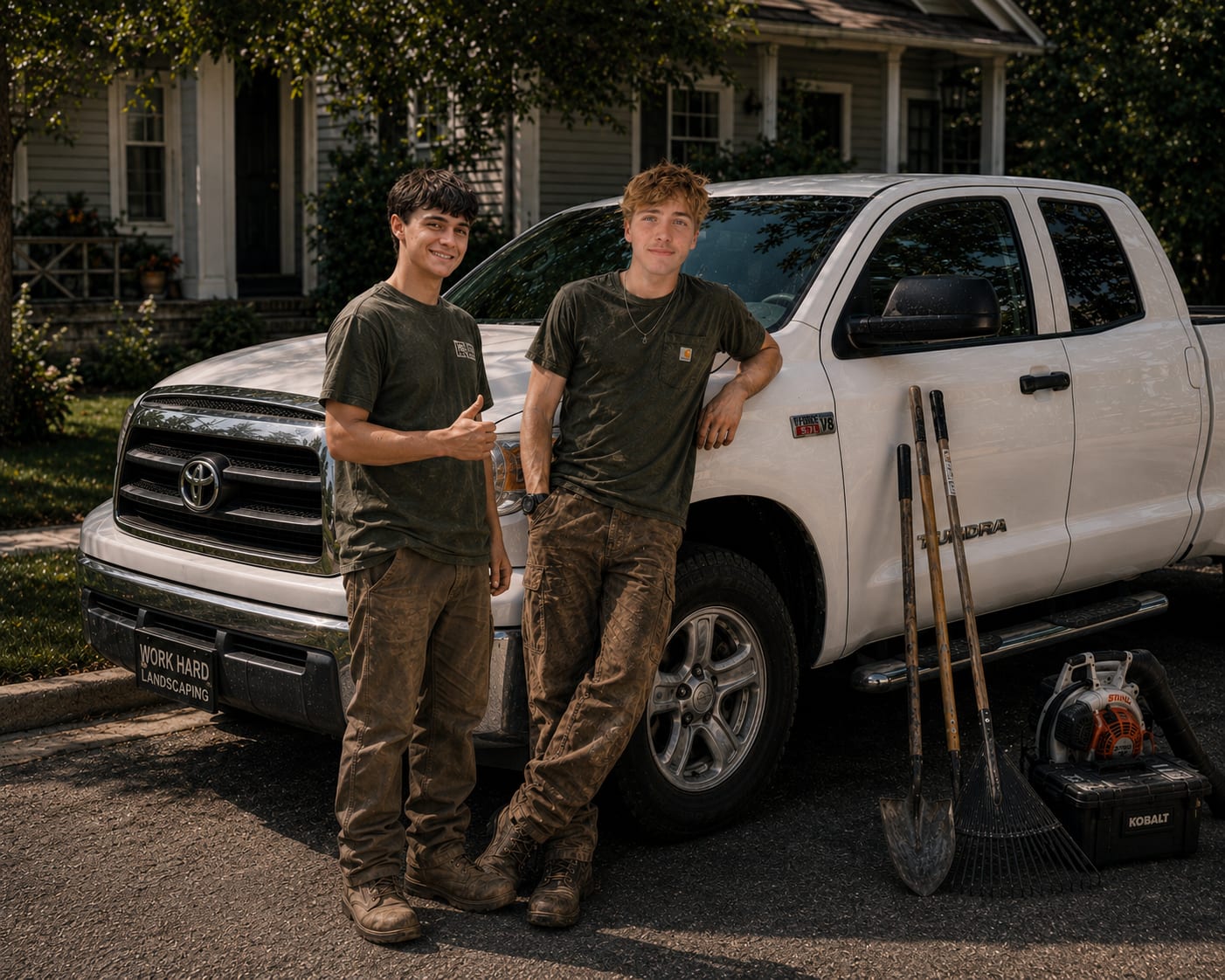 Rowan and Tripp of Pine Country Landscape in front of their work truck in Flagstaff